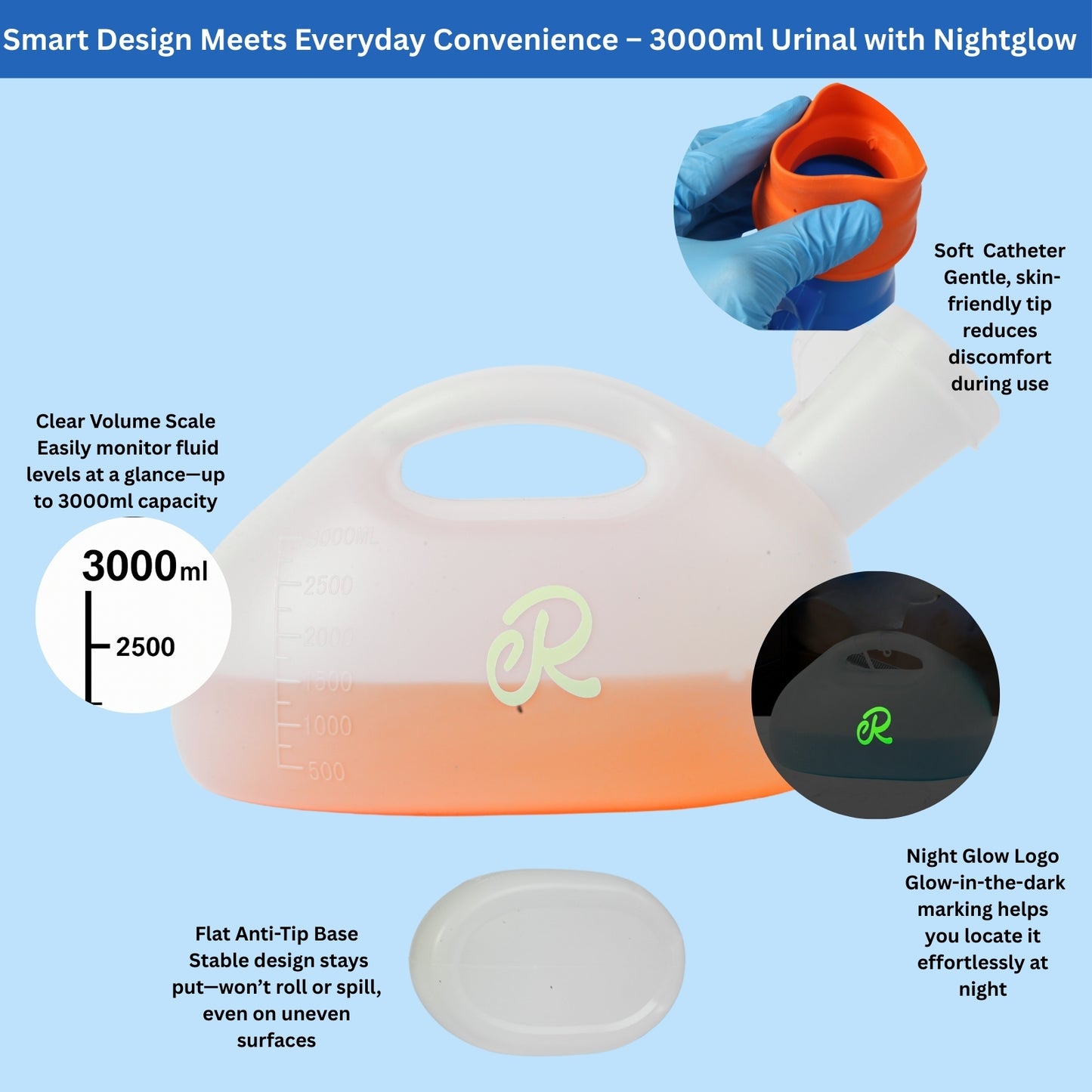 3000ml Nightglow Male Urinal with Upgraded Soft Rubber & Spill-Proof Lid