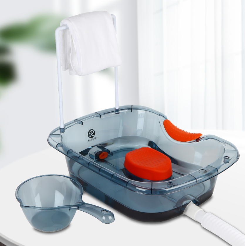 Portable hair wash basin for bedridden seniors, disabled, and elderly – no-spill shampoo basin for home care and caregivers.